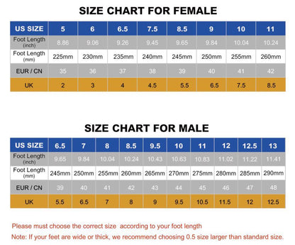 Garden footwear size chart for male and female with US/UK/EU sizes and foot lengths on Tampa Home & Garden Store