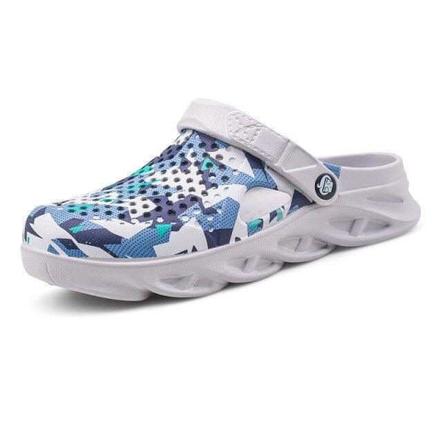 Stevvex men's camouflage garden shoes with white sole and hook-and-loop strap on Tampa Home & Garden Store