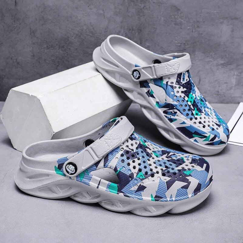 Stevvex men's garden slipon clogs pair with blue camouflage upper and non-slip rubber sole on Tampa Home & Garden Store