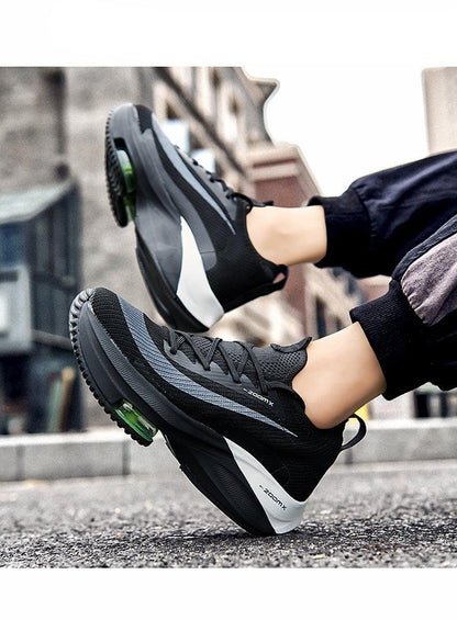Stevvex men's athletic sneakers black mesh upper gray side stripe green air-cushion outsole on Tampa Home & Garden Store