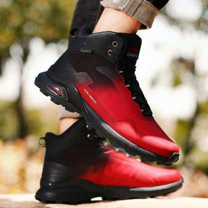 Stevvex men's red and black high-top boots, waterproof, lace-up ankle strap, water resistant on Tampa Home & Garden Store