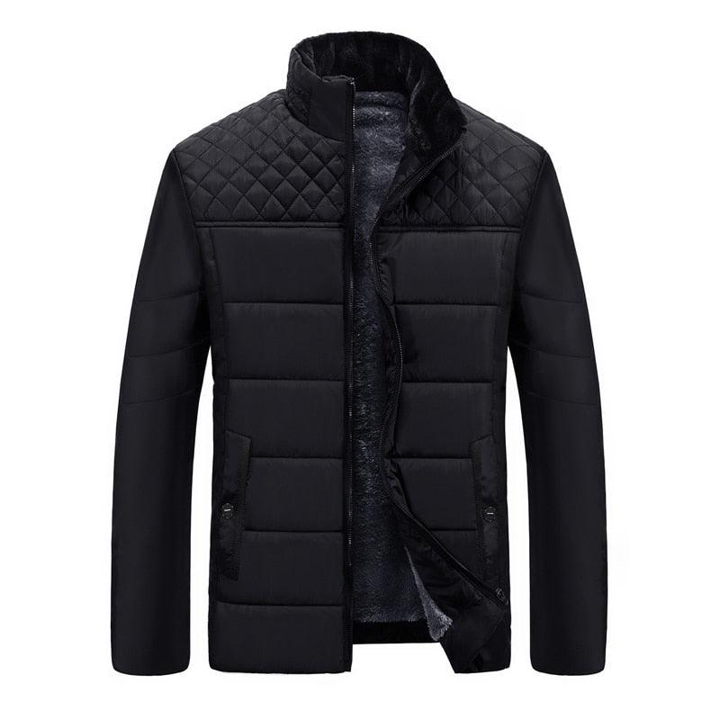 Men's Stevvex black quilted puffer jacket with stand collar and zip front, two side pockets on Tampa Home & Garden Store