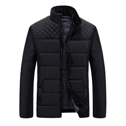 Men's Stevvex black quilted puffer jacket with stand collar and zip front, two side pockets on Tampa Home & Garden Store