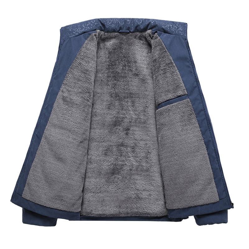 Men's warm winter jacket by Stevvex with navy exterior and plush gray fleece lining on Tampa Home & Garden Store