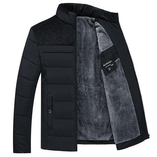 Men's warm padded winter jacket Stevvex black exterior with soft gray fleece lining on Tampa Home & Garden Store