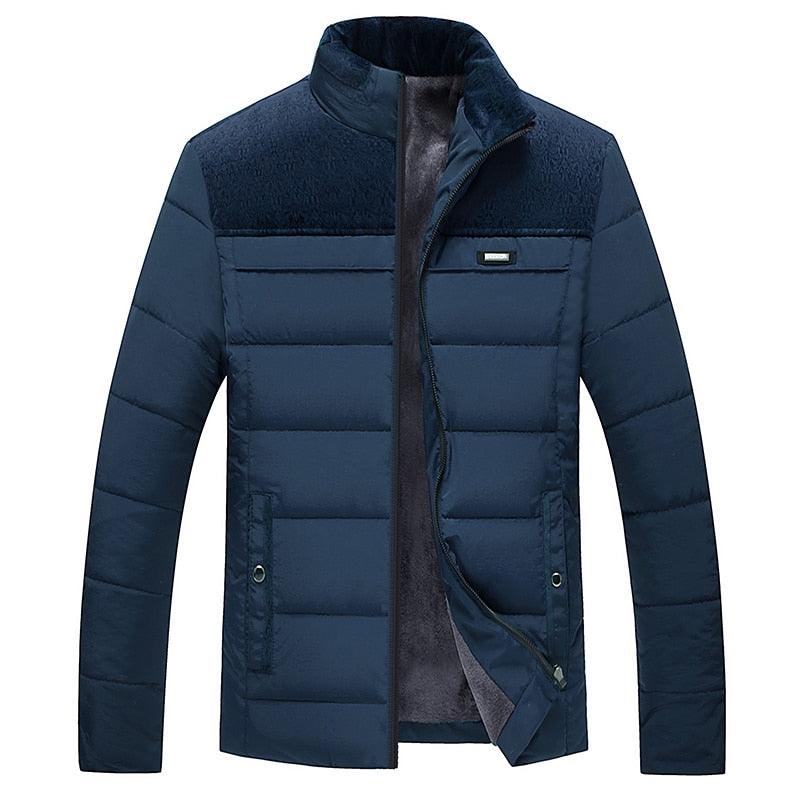 Stevvex men's navy padded winter jacket with stand collar, zip front, quilted panels on Tampa Home & Garden Store