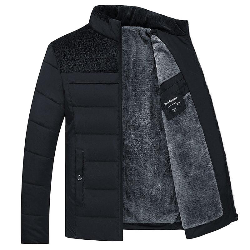 Men's warm winter jacket by Stevvex, black shell with gray fleece lining padded coat on Tampa Home & Garden Store