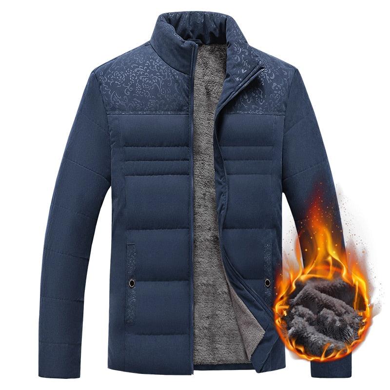 Men's warm winter jacket by Stevvex, navy padded coat with quilted panels and soft fleece lining on Tampa Home & Garden Store