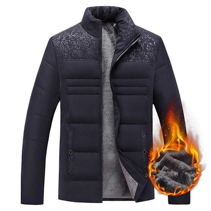Men's navy Stevvex warm winter jacket with quilted chest panels and zip front on Tampa Home & Garden Store
