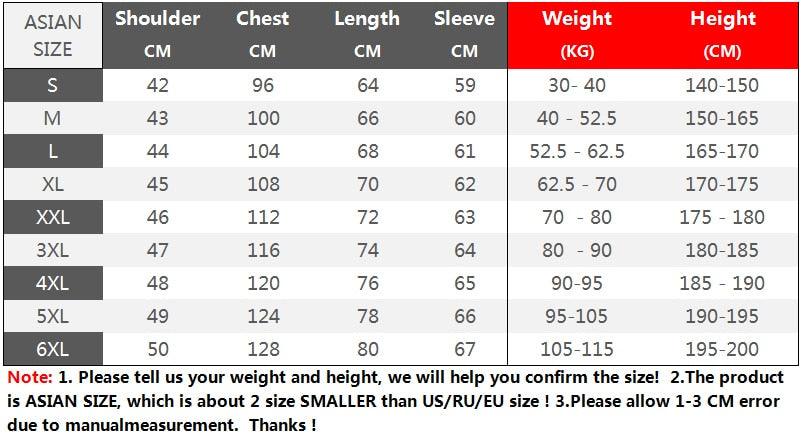 Men's jacket Asian size S-6XL shoulder chest length sleeve metrics on Tampa Home & Garden Store