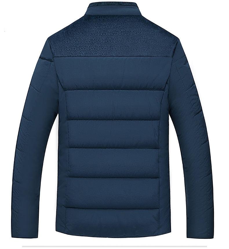Stevvex men's navy padded winter jacket with horizontal quilting, back view on Tampa Home & Garden Store