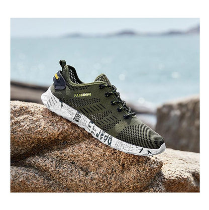 Water sports sneakers Stevvex olive green with breathable mesh, black laces, white patterned sole on Tampa Home & Garden Store