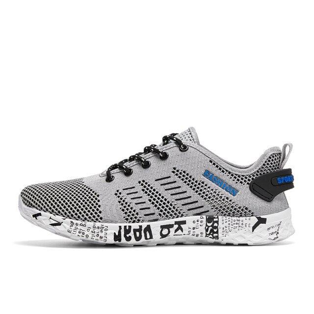 Stevvex men's water sports sneakers gray mesh with black laces blue accent speckled sole on Tampa Home & Garden Store