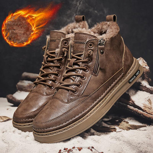 Stevvex men's brown leather winter boots with faux fur lining, lace-up high-top warmth on Tampa Home & Garden Store