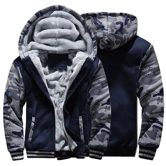 Men's camouflage bomber jacket with navy body and camo sleeves, hooded fleece lining, Stevvex on Tampa Home & Garden Store