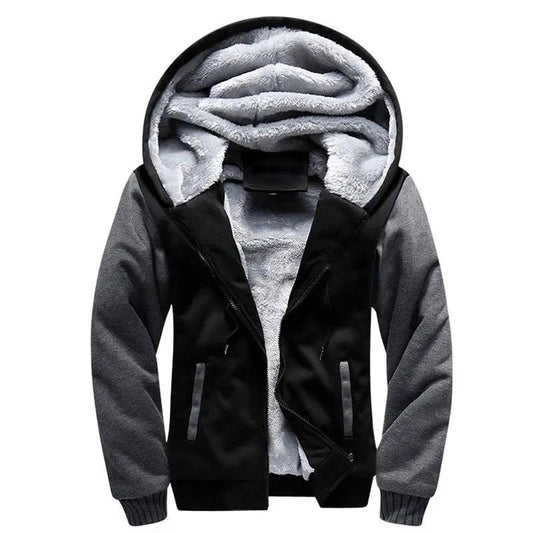 Men's hooded bomber jacket by Stevvex, black body with gray sleeves, plush fleece lining on Tampa Home & Garden Store