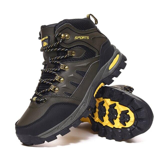 Stevvex leather high-top hiking boots pair with rugged non-slip outsole and yellow accents on Tampa Home & Garden Store