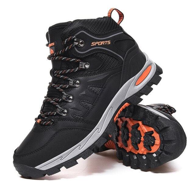 Stevvex high-top leather hiking boots, black with orange accents, rugged treaded outsole pair on Tampa Home & Garden Store
