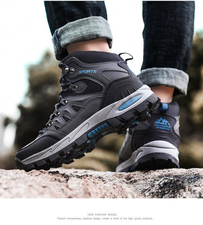 Stevvex high-top hiking boots gray/black with blue accents, breathable non-slip outsole on Tampa Home & Garden Store