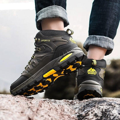 Stevvex unisex high-top hiking boots black leather with yellow outsole for outdoor wear on Tampa Home & Garden Store