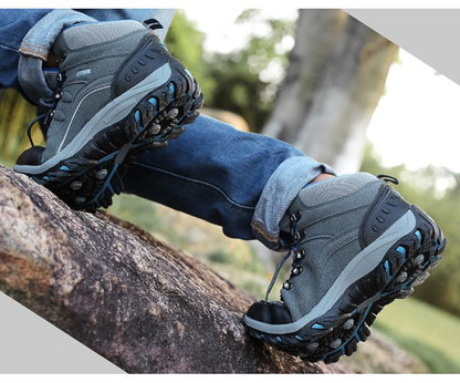 Stevvex outdoor hiking boots grey-blue lace-up ankle boots with slip-resistant sole on rock on Tampa Home & Garden Store
