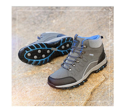 Stevvex outdoor hiking boots gray-blue lace-up ankle boots with anti-slip sole pair on Tampa Home & Garden Store