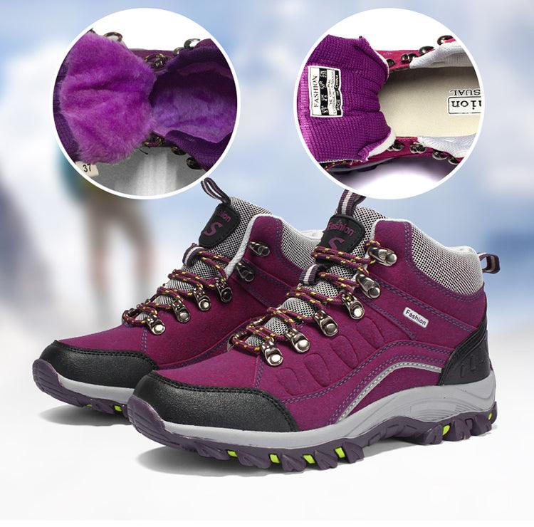 Stevvex unisex hiking boots purple upper gray sole metal eyelets warm lining rugged outsole on Tampa Home & Garden Store
