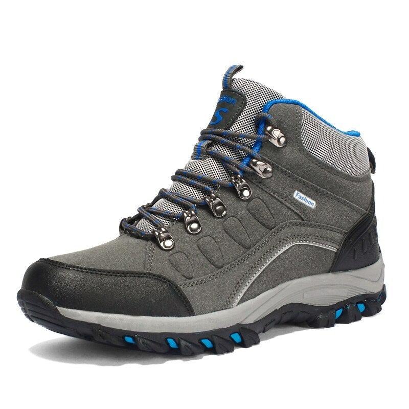 Stevvex hiking boots gray/black with blue laces, breathable mesh, anti-slip rugged outsole on Tampa Home & Garden Store