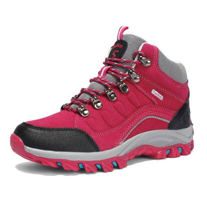 Stevvex pink hiking boots with gray mesh collar, metal eyelets and blue outsole accents on Tampa Home & Garden Store