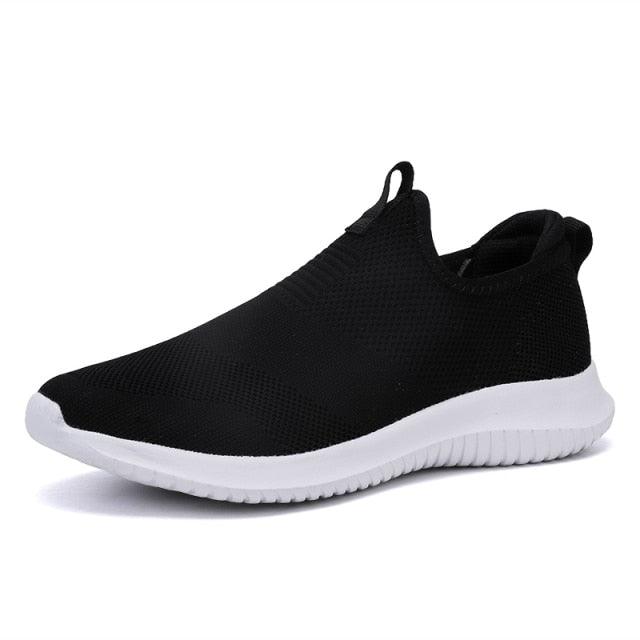 Stevvex men's slip-on mesh sneakers lightweight breathable black upper with cushioned white sole on Tampa Home & Garden Store