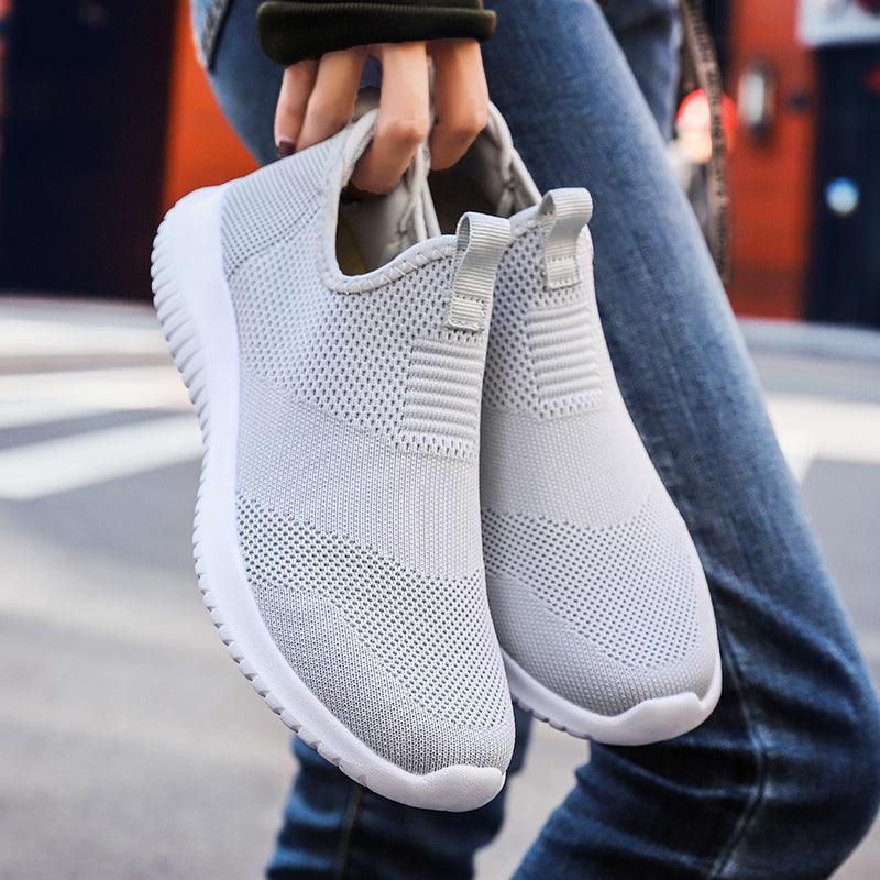 Stevvex men's sneakers lightweight slip-on mesh athletic shoes white-gray breathable knit uppers on Tampa Home & Garden Store