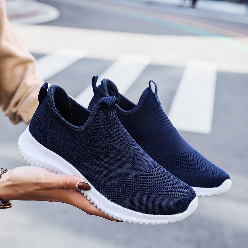 Stevvex navy knit slip-on sneakers with breathable mesh, lightweight casual walking shoes on Tampa Home & Garden Store