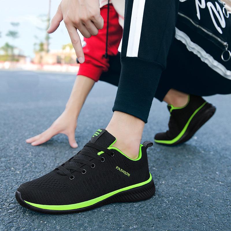 Stevvex sneakers black knit upper with neon green trim, breathable lightweight running shoes on Tampa Home & Garden Store