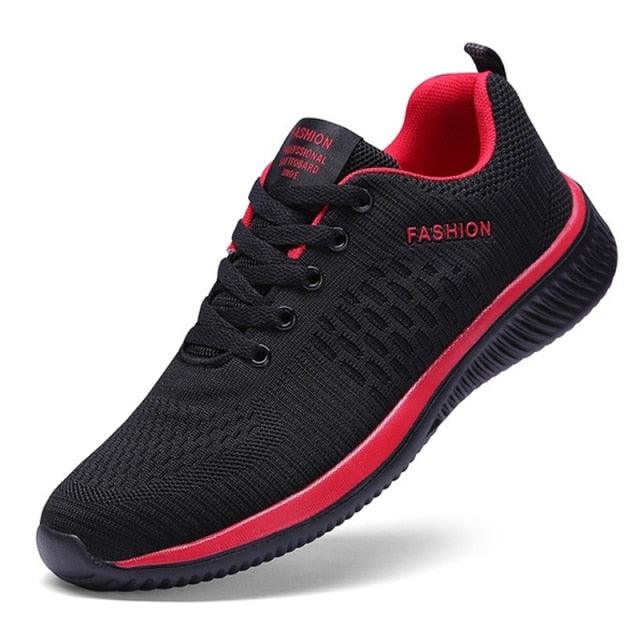 Men's running sneakers black knit with red trim, breathable lightweight, non-slip outsole on Tampa Home & Garden Store
