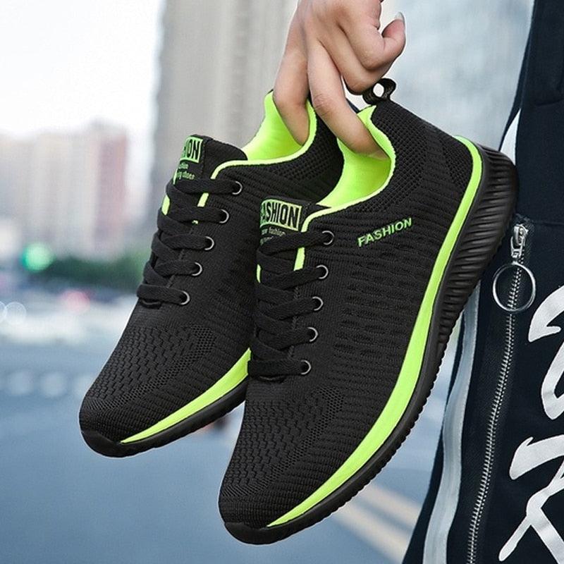 Stevvex Men Sport Lightweight Running Sneakers black breathable knit neon lime trim pair on Tampa Home & Garden Store