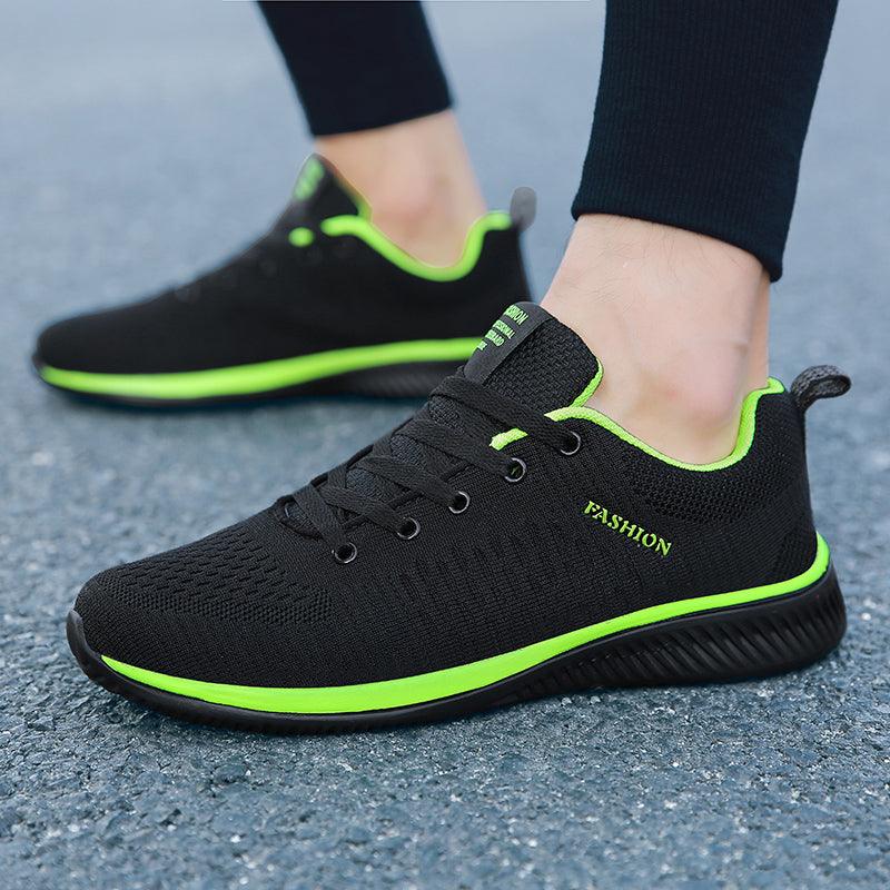 Stevvex men sport black running sneakers with neon lime trim, breathable knit, non-slip sole on Tampa Home & Garden Store