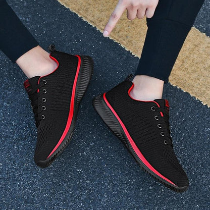 Stevvex mens sport lightweight running sneakers pair black knit upper with red midsole on Tampa Home & Garden Store
