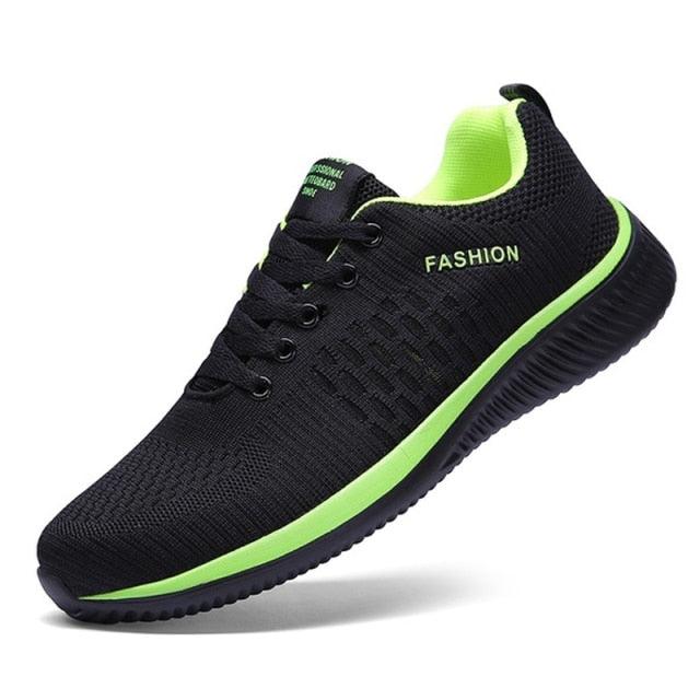 Stevvex men's black running sneakers with neon green midsole and breathable knit upper on Tampa Home & Garden Store
