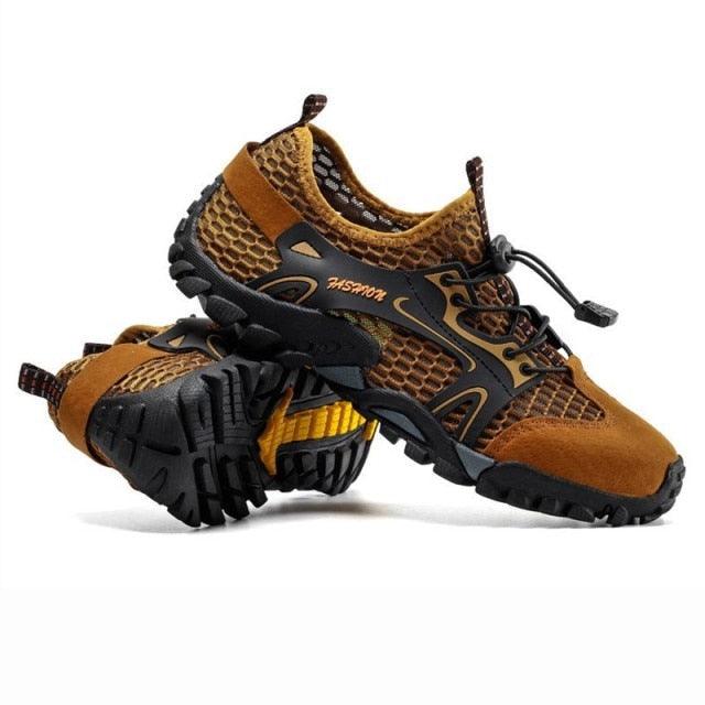 Stevvex men's sport mesh hiking shoes brown upper wearproof rubber outsole pair on Tampa Home & Garden Store
