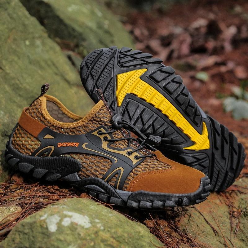 Stevvex men's hiking shoes brown mesh with black outsole pair on Tampa Home & Garden Store