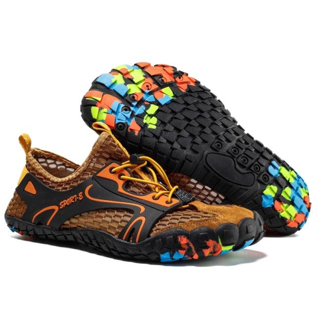 Stevvex athletic water shoes pair brown mesh upper with orange accents black outsole tread on Tampa Home & Garden Store