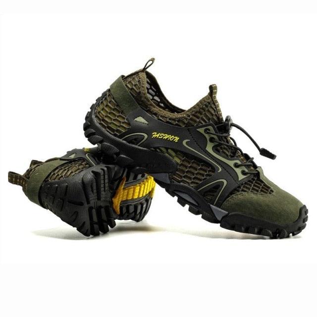 Stevvex men's sport mesh hiking water shoes olive green and black breathable upper with rugged rubber outsole pair on Tampa Home & Garden Store