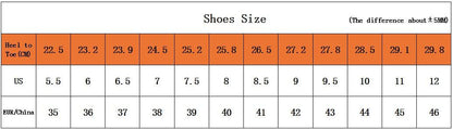 Stevvex Men Sport Mesh Hiking Shoes size chart with US/EU sizes and heel-to-toe measurement on Tampa Home & Garden Store