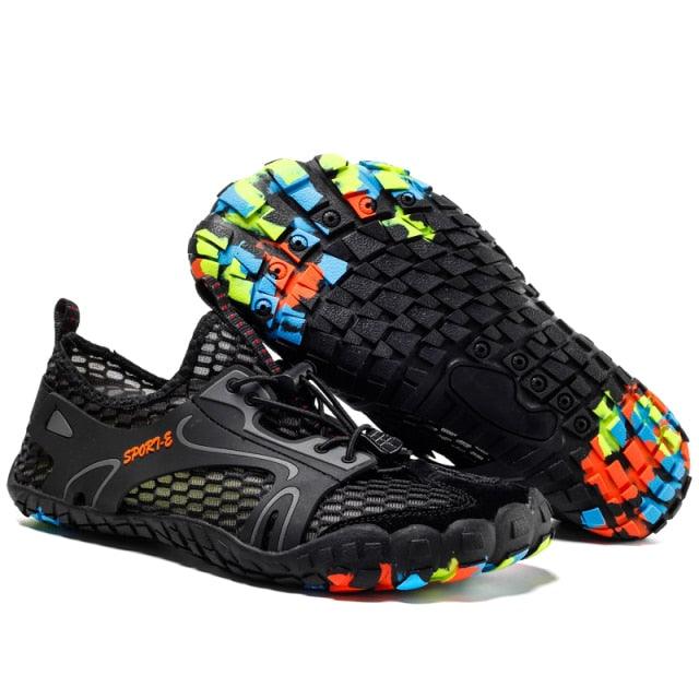 Stevvex athletic water shoes, black mesh hiking pair with wearproof rubber sole and outsole on Tampa Home & Garden Store