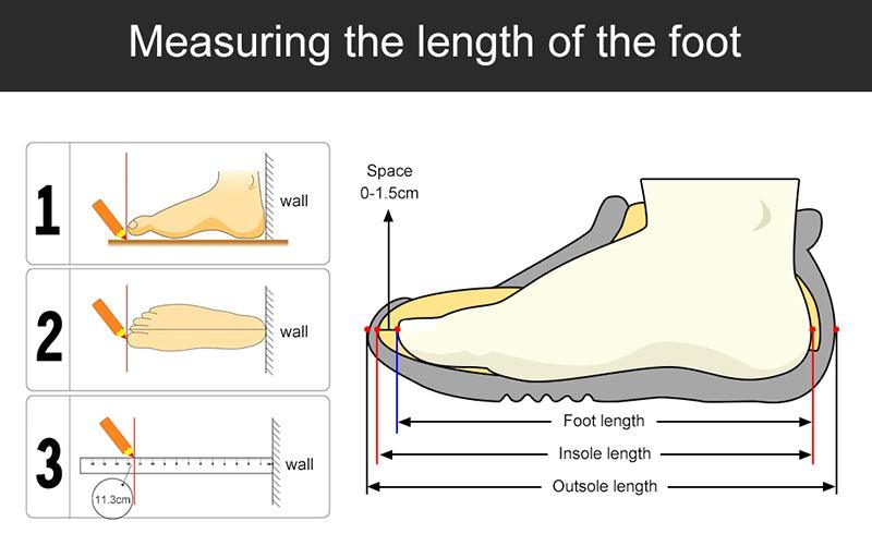 Stevvex sandals measurement diagram showing foot silhouette and 3-step length measurements on Tampa Home & Garden Store