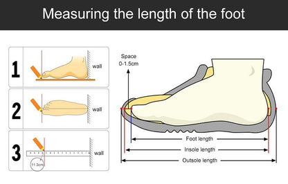 Stevvex sandals measurement diagram showing foot silhouette and 3-step length measurements on Tampa Home & Garden Store