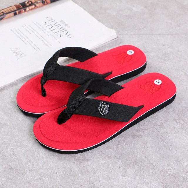 Stevvex red flip flops with black straps, anti-slip outsole, arch support sandals pair on Tampa Home & Garden Store