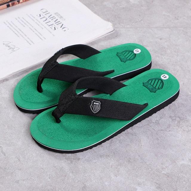 Stevvex men's green flip flops with black straps, arch support and anti-slip sole, pair sandals on Tampa Home & Garden Store
