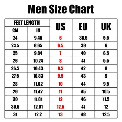 Men sandals size chart showing foot length in cm/in and corresponding US/EU/UK sizes on Tampa Home & Garden Store