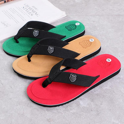 Stevvex men’s summer flip flops set of 3 in green tan red with black straps and arch support on Tampa Home & Garden Store